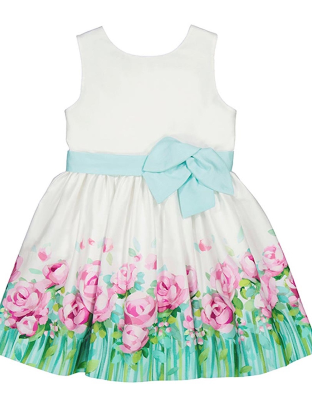 Mayoral White Dress with Pink Floral Print and Mint Sash